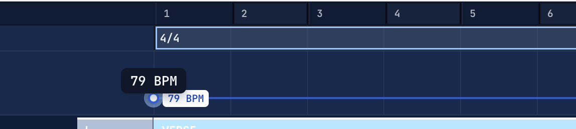 The Tempo lane with a breakpoint selected, showing its BPM readout.